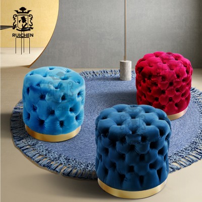 American Light Luxury Velvet Fabric Round Sofa Stool Living Room Rest Stool Foot Cloakroom Bedroom Shoe Changing  Dressing Stool